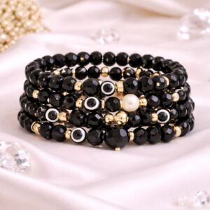 Set of Five Black Faceted Glass Bead Stretch Bracelets